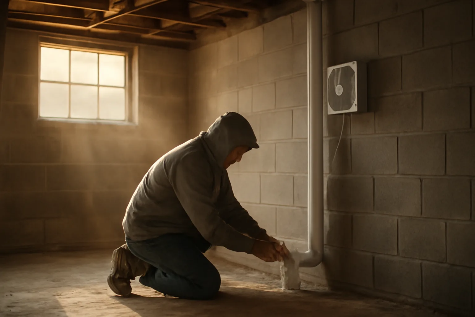 Worker kneeling by a basement radon mitigation pipe in afternoon light