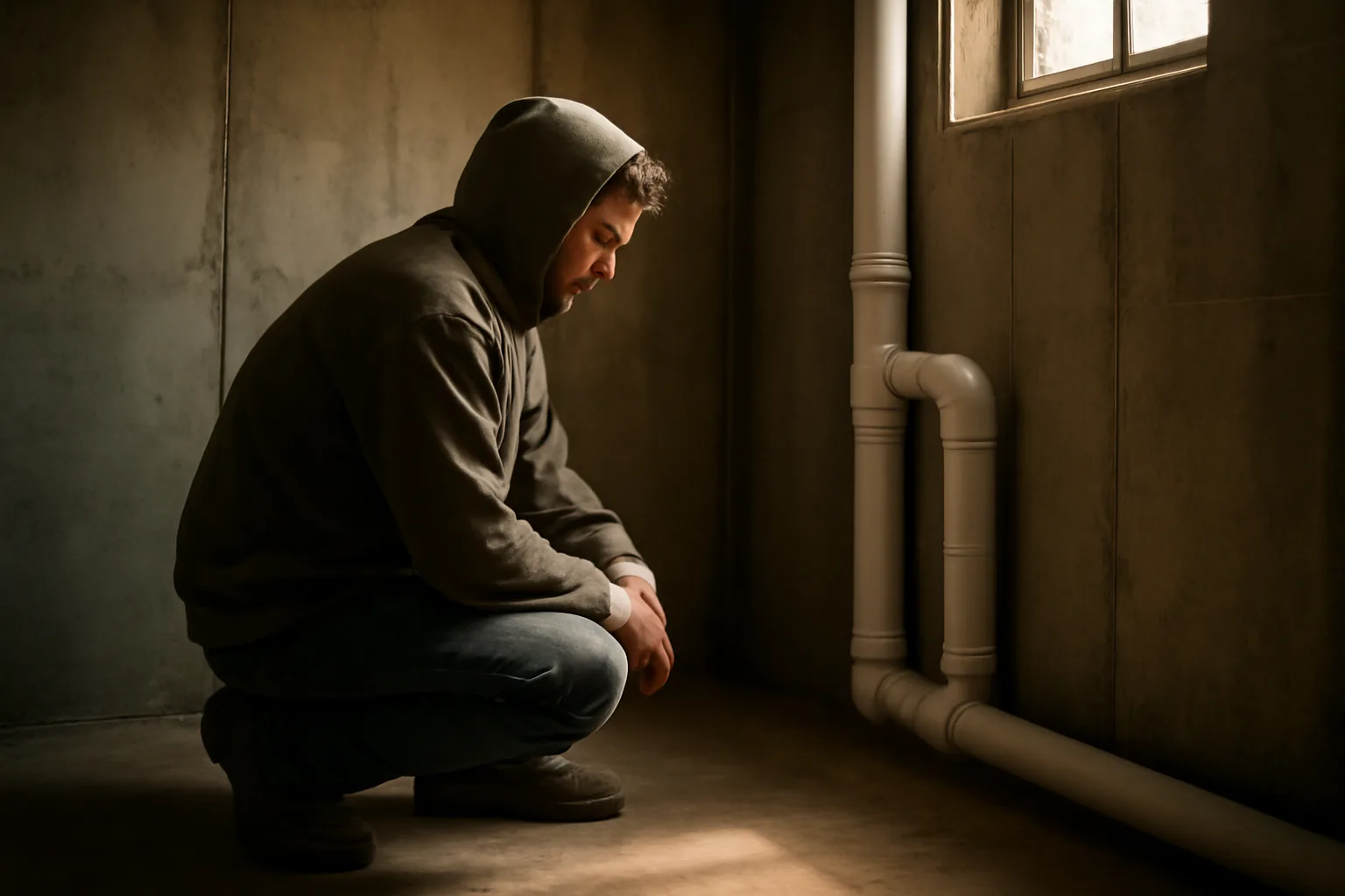 Worker kneeling beside a radon mitigation pipe on a basement slab