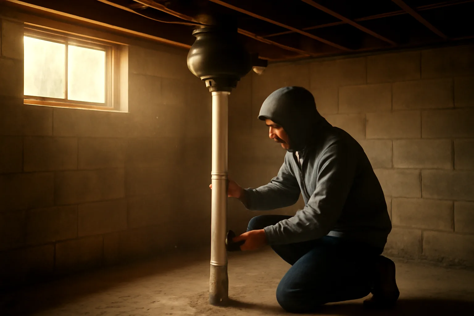 Worker kneeling by a radon mitigation pipe and fan in a basement