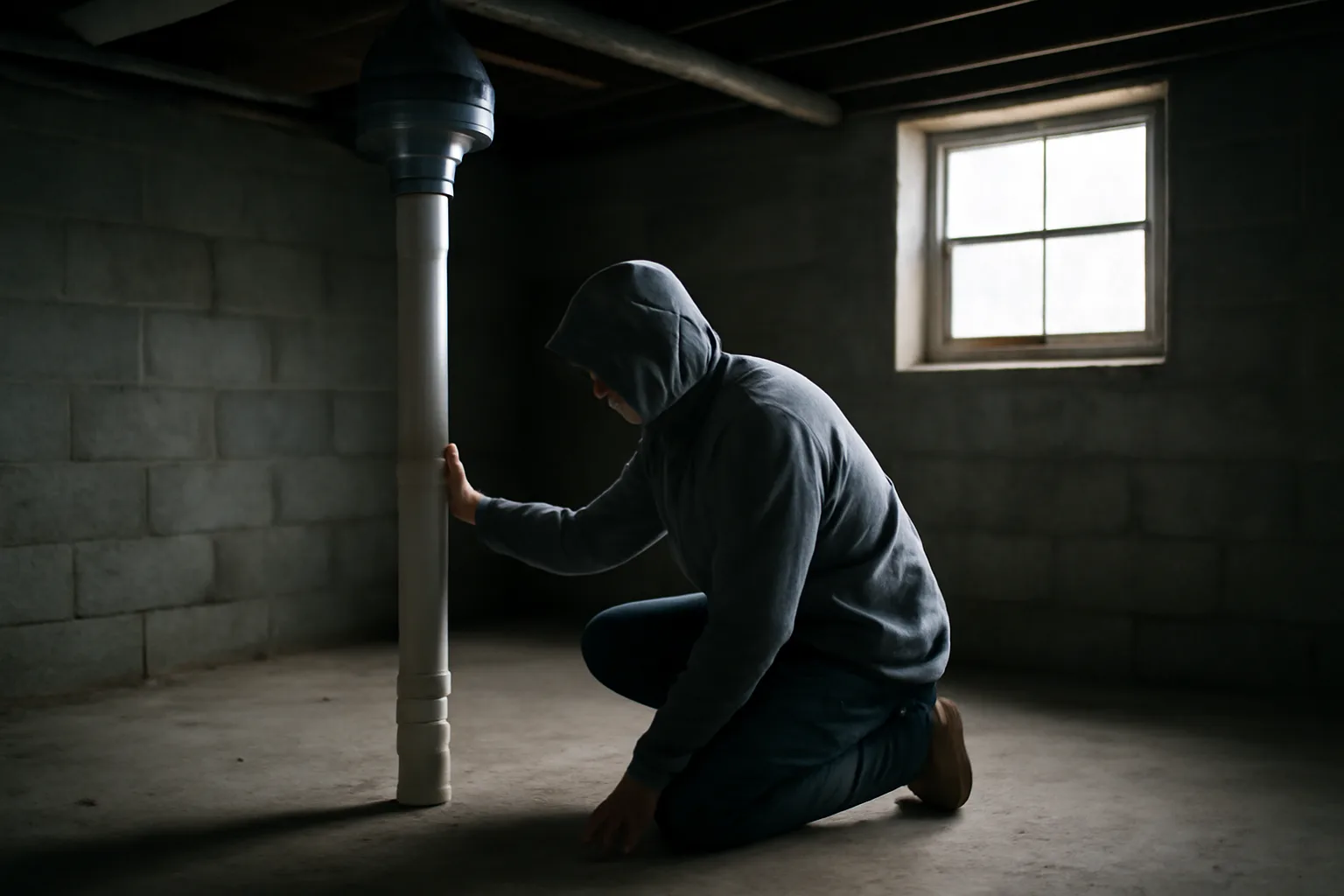 Person kneeling by a radon mitigation pipe on basement concrete