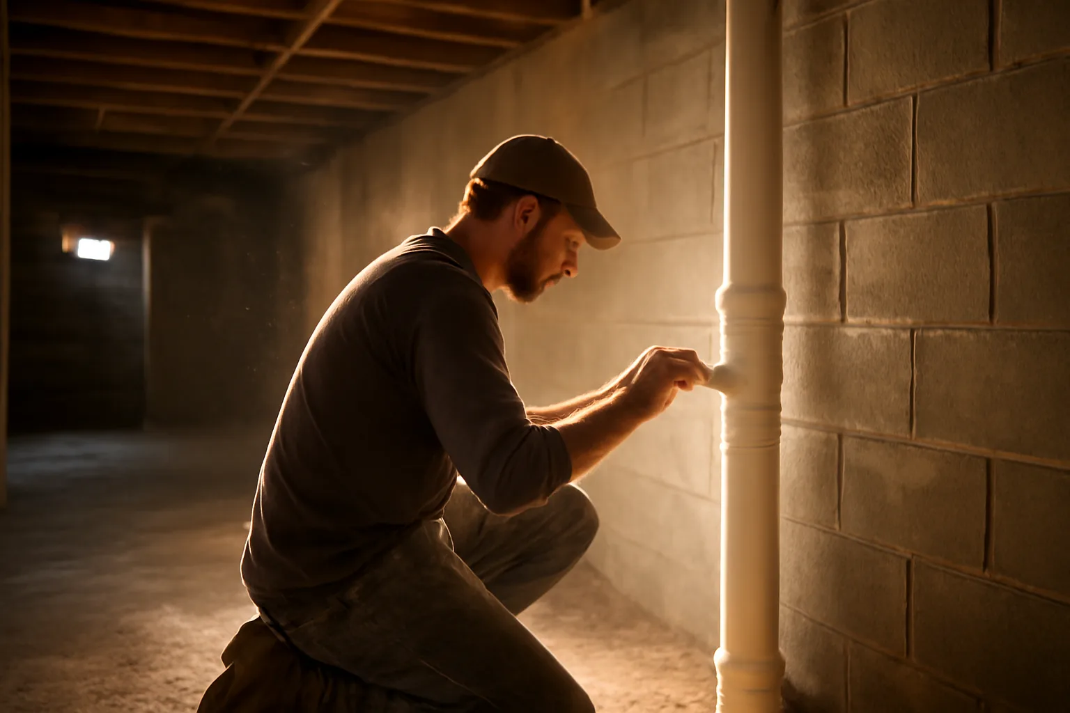 Worker kneeling by a white PVC radon mitigation pipe in a basement