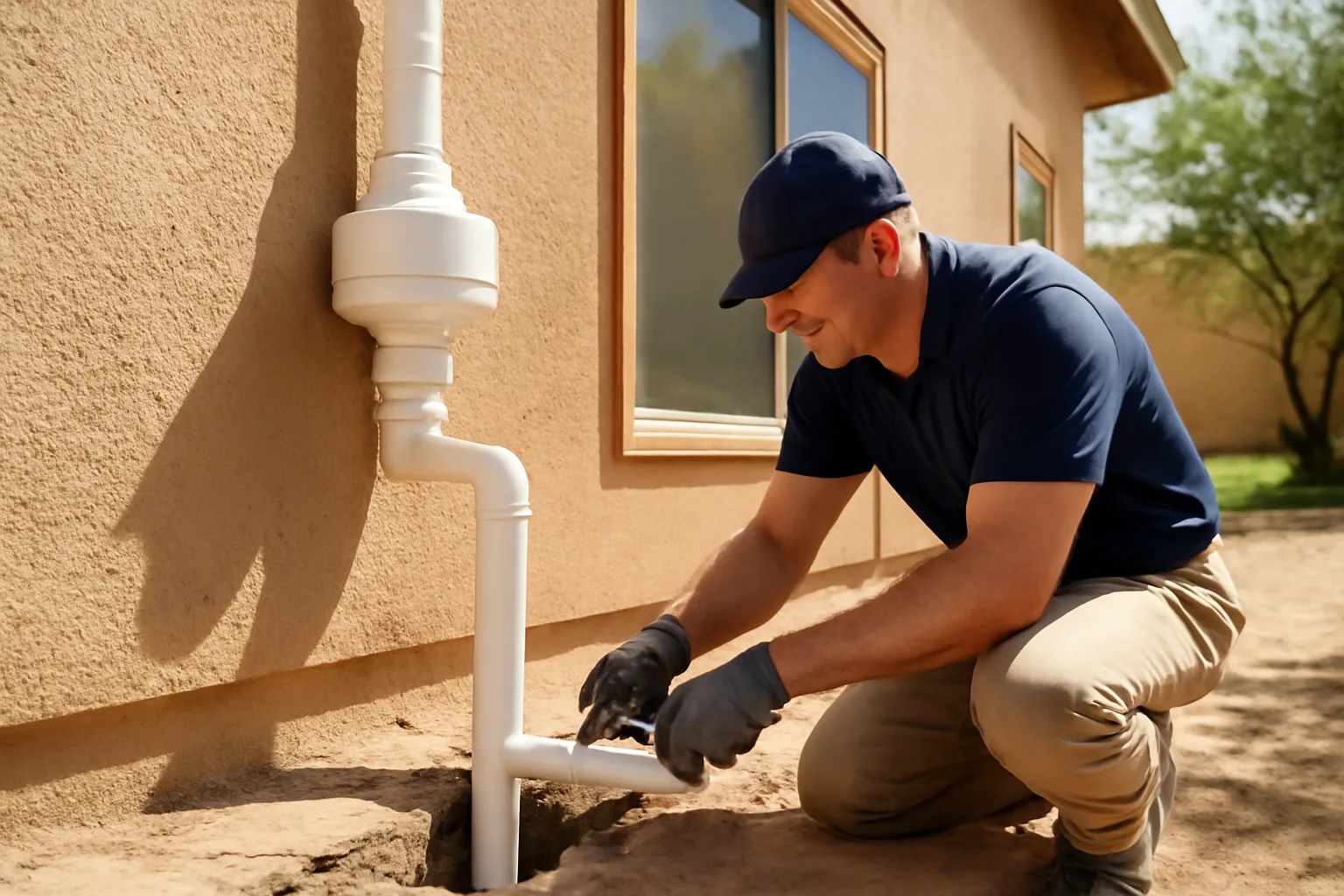 Radon mitigation system installation in an Arizona home with sub-slab pipe and fan.