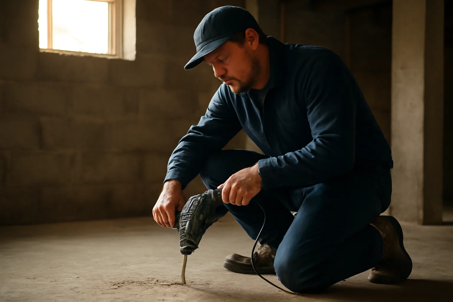 Radon mitigation technician drilling into basement slab in a Colorado home