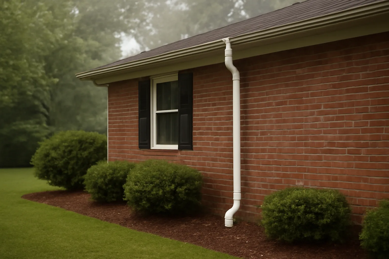 Brick ranch house in Alabama with exterior radon mitigation pipe