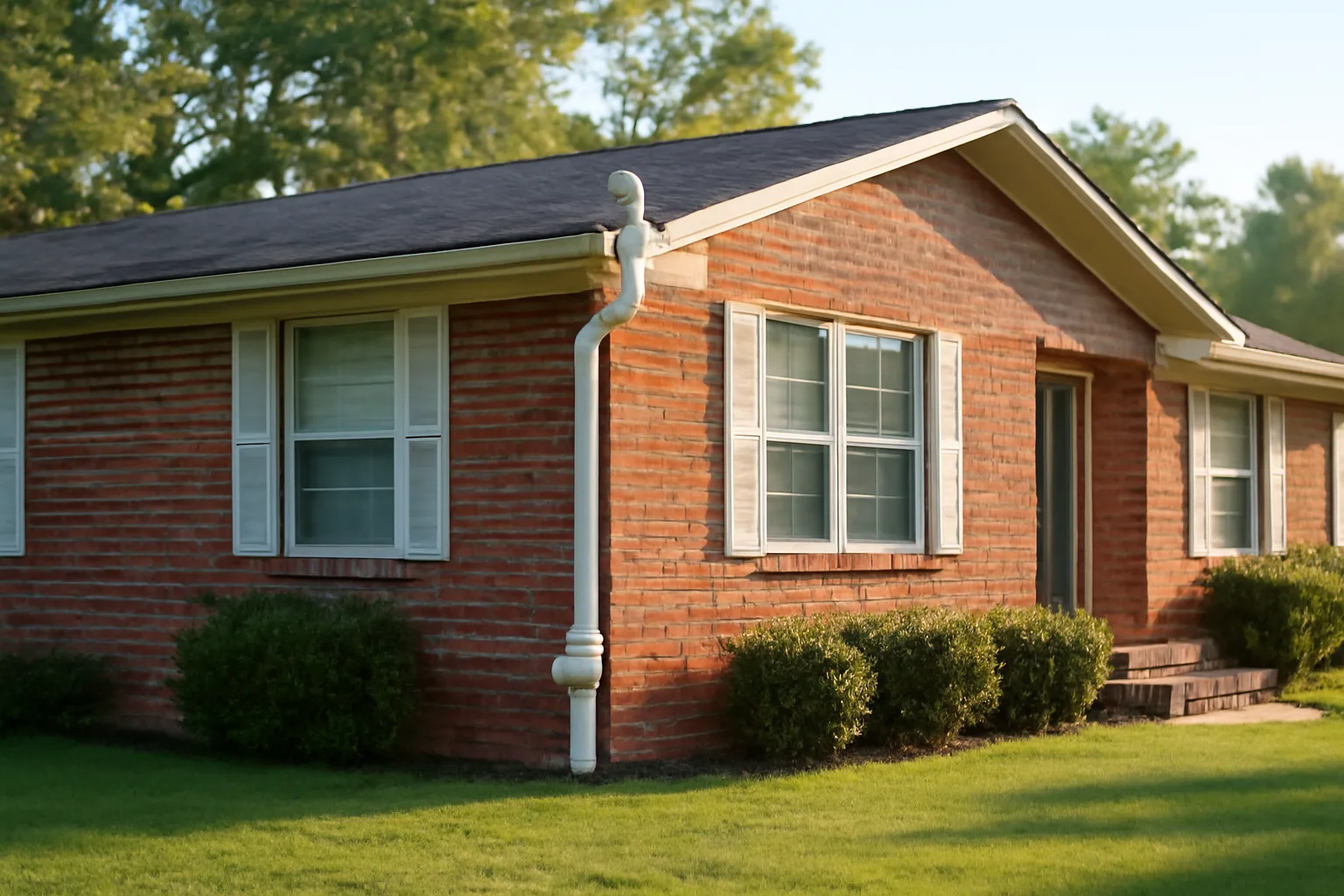 Radon mitigation pipe on an Arkansas brick ranch home exterior