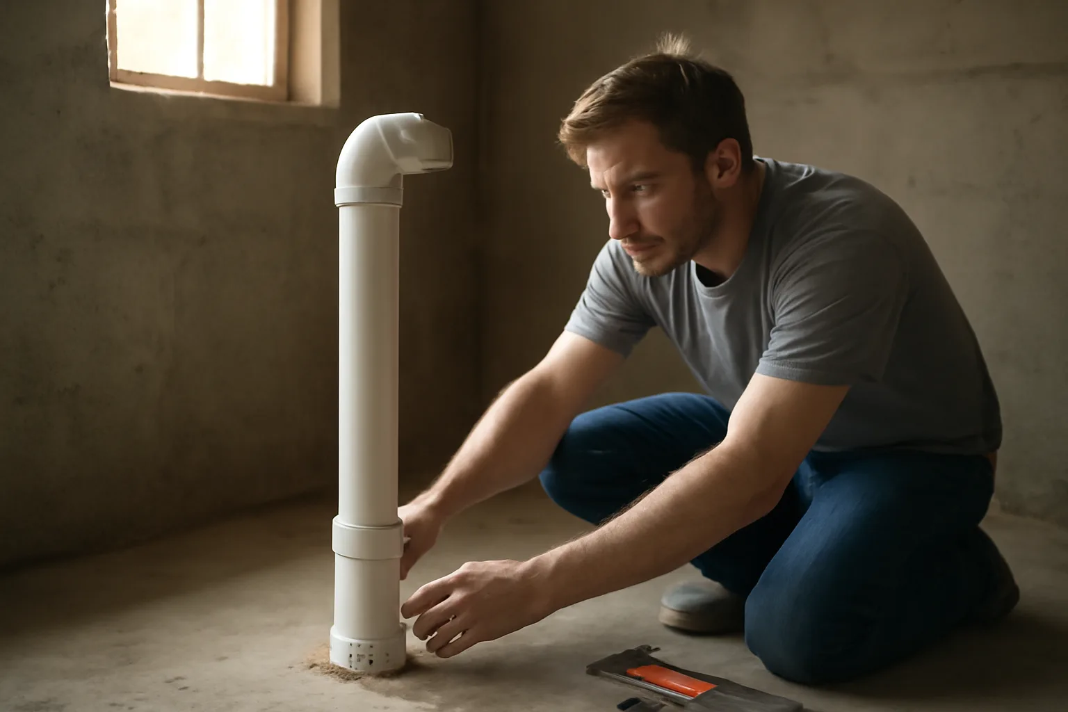 Radon mitigation contractor inspecting a suction pipe in a Connecticut basement