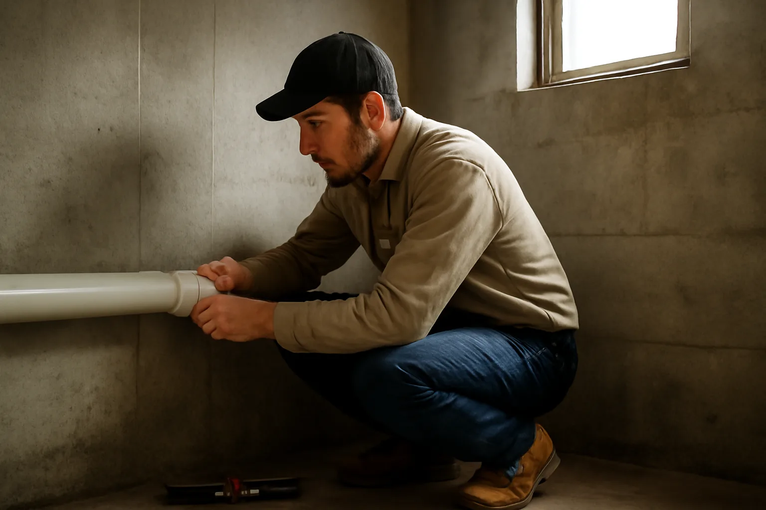 Contractor installing a radon mitigation pipe in a Delaware home basement